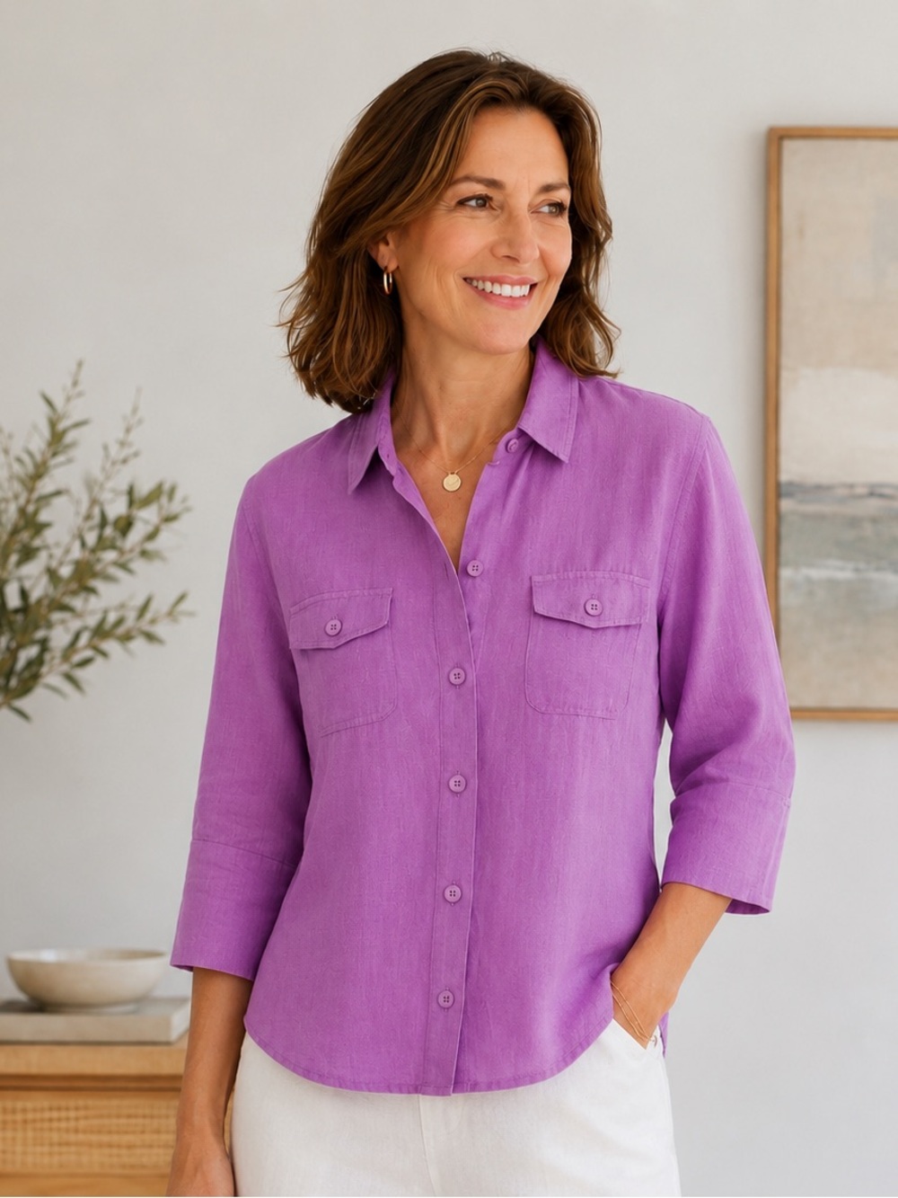 East 5th Fuchsia Linen Top Size Large Petite